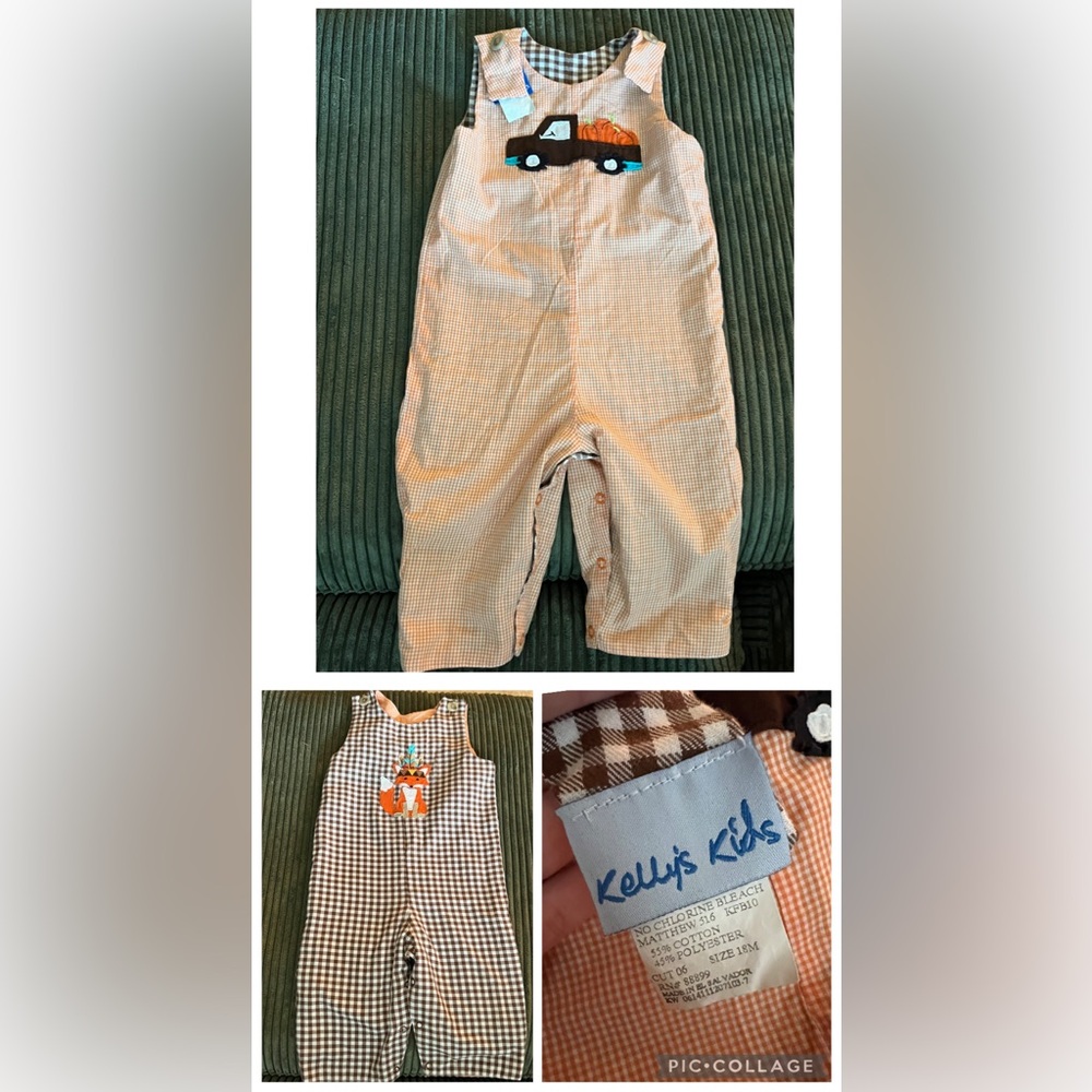 Kelly’s Kids Boys Fall Reversible Overalls 18m Pumpkin Truck Fox Checkered Plaid